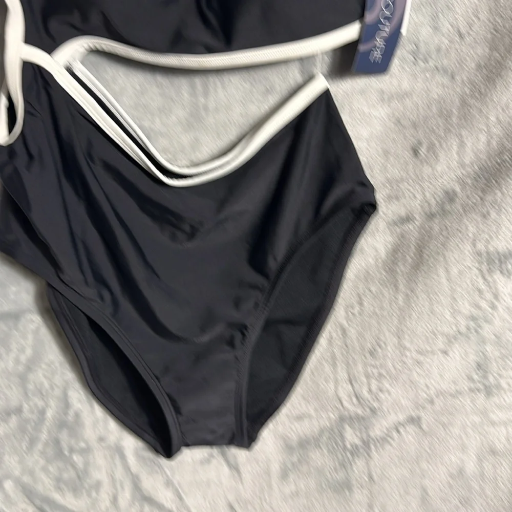 NWT Black  White One-Shoulder Swimsuit women’s cut outs high waist hi cut thighs